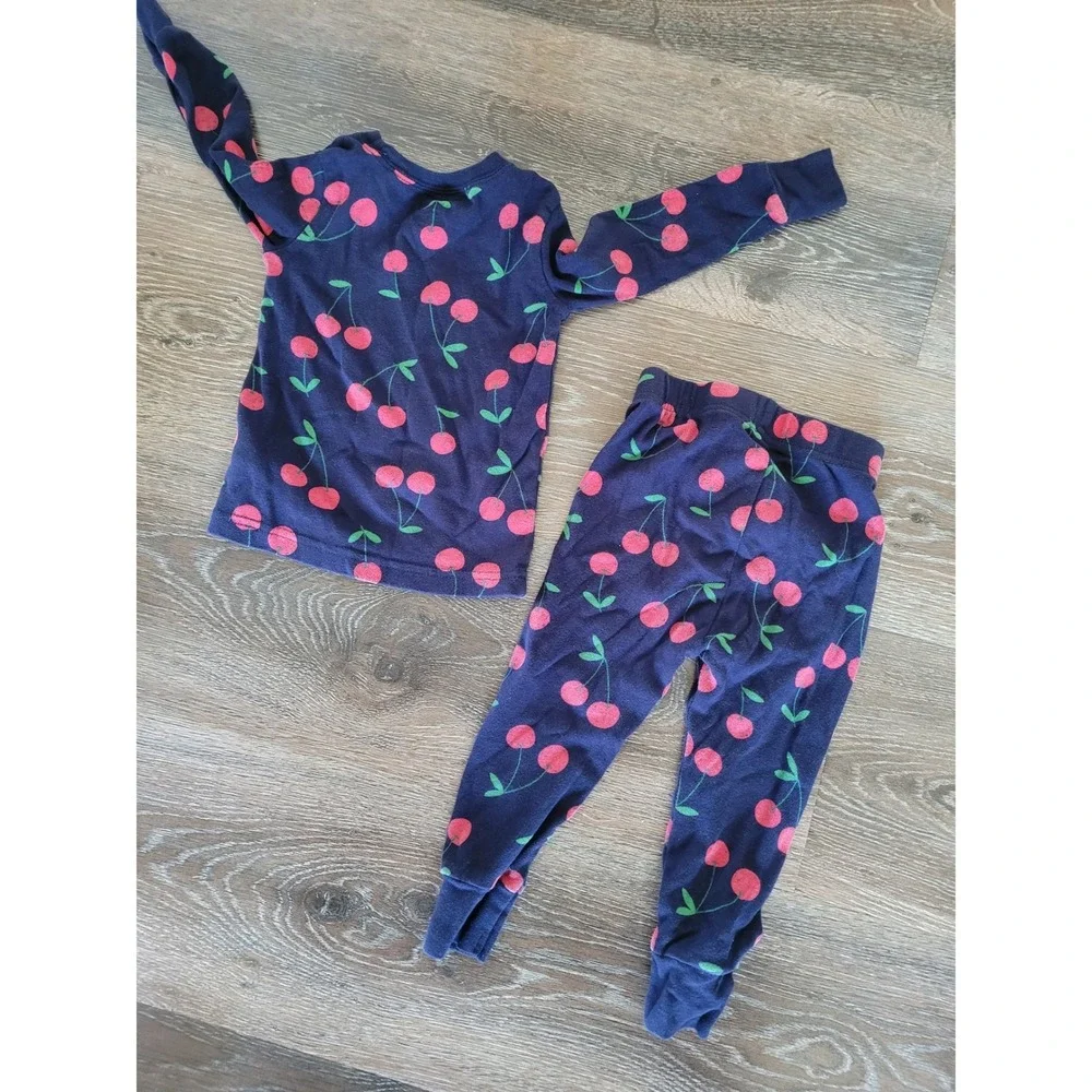 Old Navy Baby Girls 18-24M Cherry Print Pajama Blue 2 Piece Cotton #3